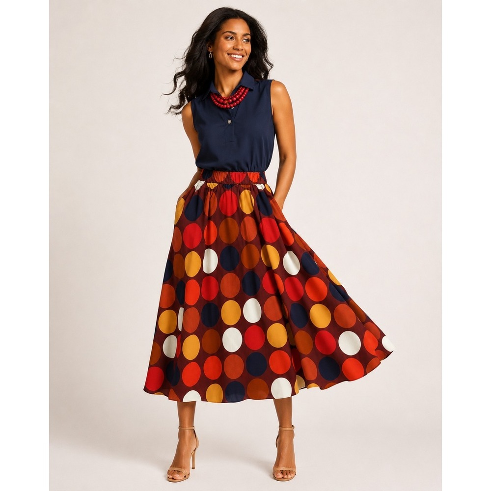 Kate Spade New York Polka Dot Midi Skirt XS Multi Color Elastic Waist A-Line
